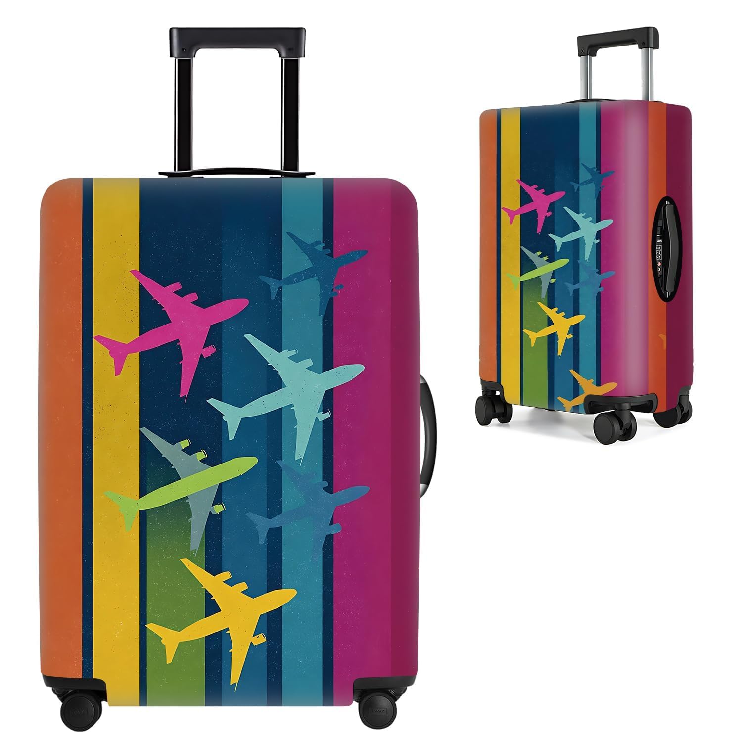 Colorful Airplane Pattern Luggage Cover – Multicolor Stripe Travel Suitcase Protector with Fun Flight Design – Fits 32 to 34 Inch Luggage,XL