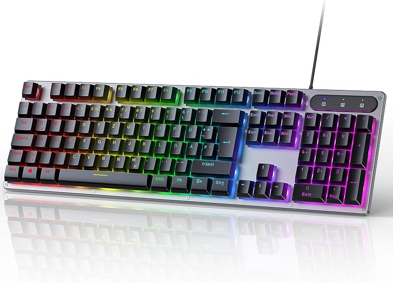 OMOTON Gaming Billentyűzet USB Rainbow LED Világítás, PC Laptop Gamer Billentyűzet, 26 Gombos Ütközésmentes QWERTZ