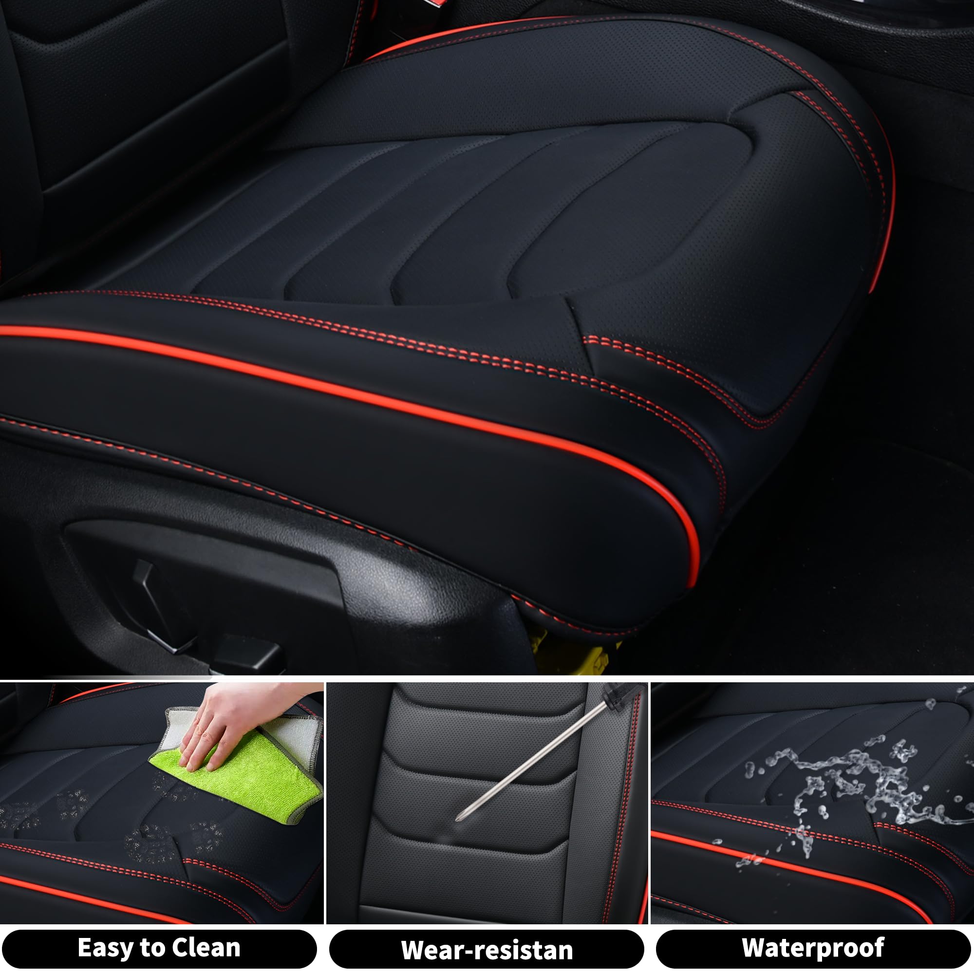 FLORICH Seat Covers Full Set,Leather Seat Covers, Front and Rear Seats Cover 5 Seats, Waterproof Car Seat Cushion Protector Accessories for Sedan SUV Pick-up Truck(Black&Red line, Full Set)