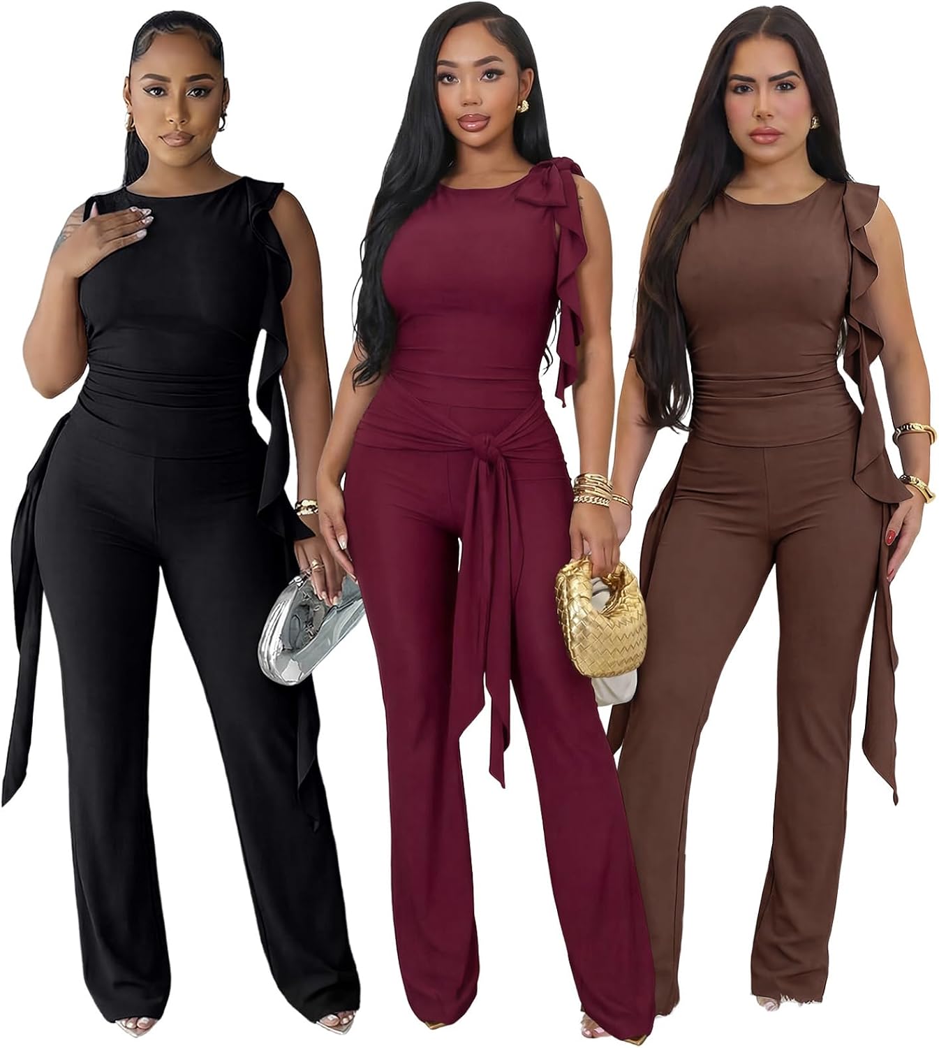Pants Sets Women 2 Piece Outfits Summer Two Piece Ruffle Tank Top & Flare Pant Matching Set Casual Travel