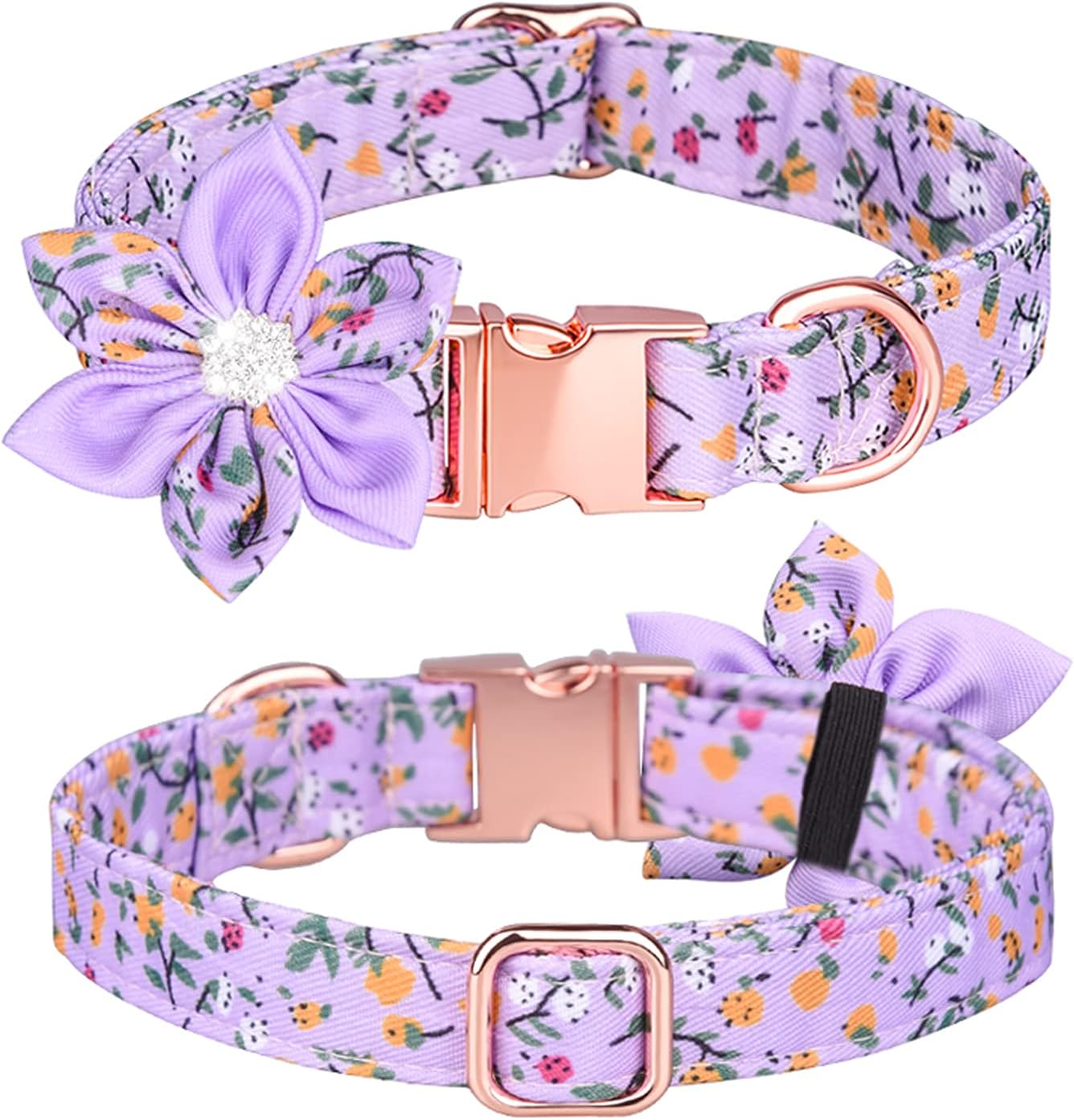 Cute Girl Dog Collars for Small Medium Large Dogs, Floral Patterns Female Dog Collar with Detachable Rhinestone Flower for Female Dogs (M, Purple)
