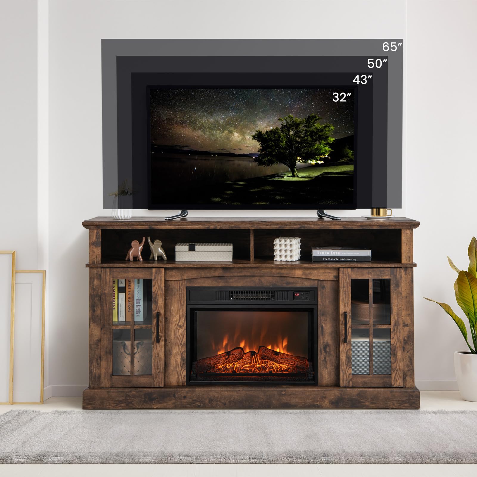 Tangkula Fireplace TV Stand for TVs Up to 65 Inch, Electric Fireplace Console w/Remote Control, Overheat Protection, 3-Level Adjustable Brightness, Entertainment Center w/23' Fireplace Insert