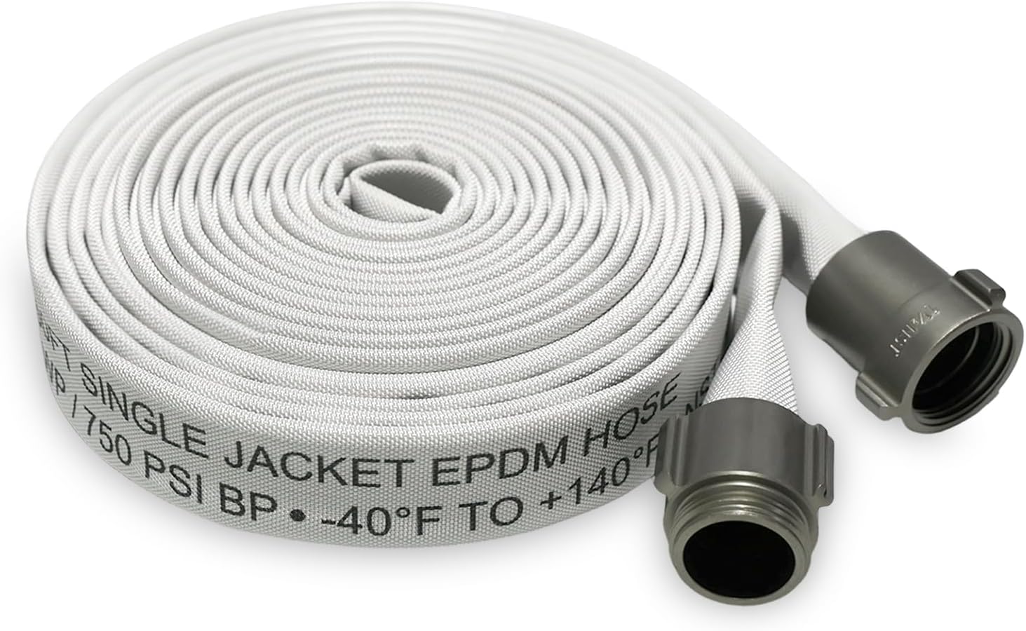 Fire Hose 1-1/2" ID x 25 FT, Single Jacket EPDM Rubber Lined Firefighter Hose, 250 PSI Working / 750 PSI Burst, M x F NST/NH Aluminum Couplings
