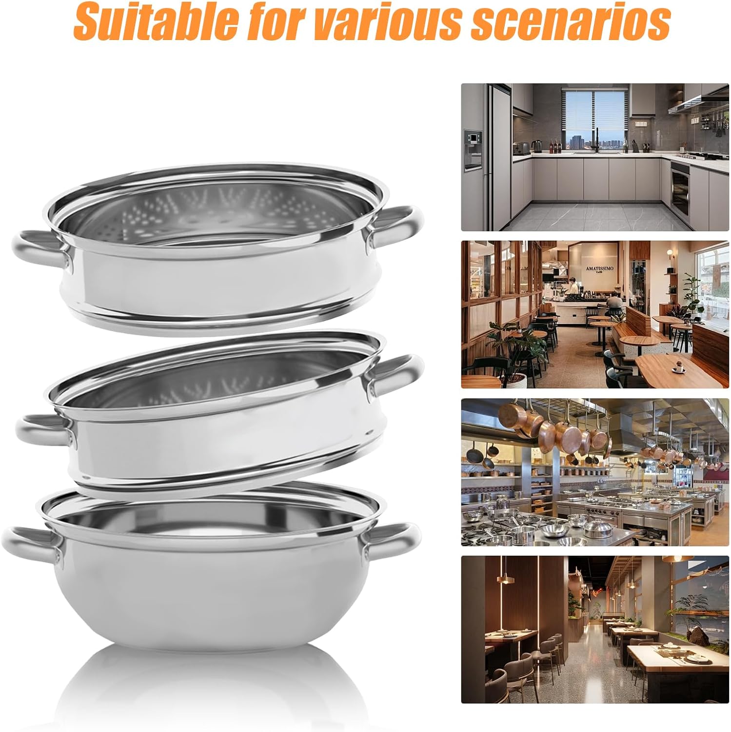 12.8 Inch 3-Tier Stainless Steel Silver Steamer Pot with Glass Lid