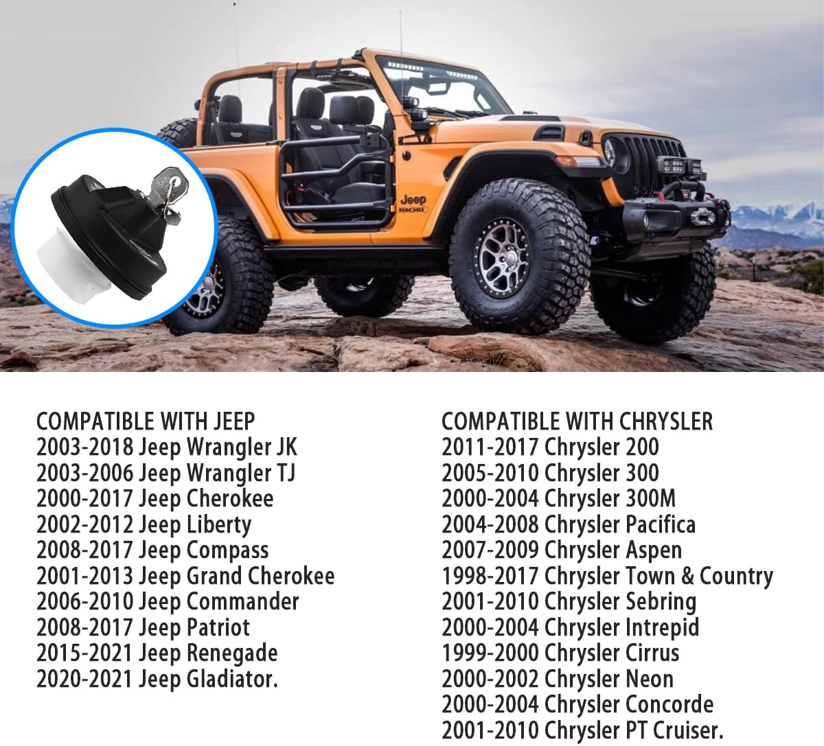 Locking Gas Cap, Lock Fuel Cap for Jeep Chrysler Dodge Ram - Challenger Grand Caravan Ram 1500, Grand Cherokee Wrangler JK TJ JKU Liberty Compass Patriot and More, Automotive Replacement