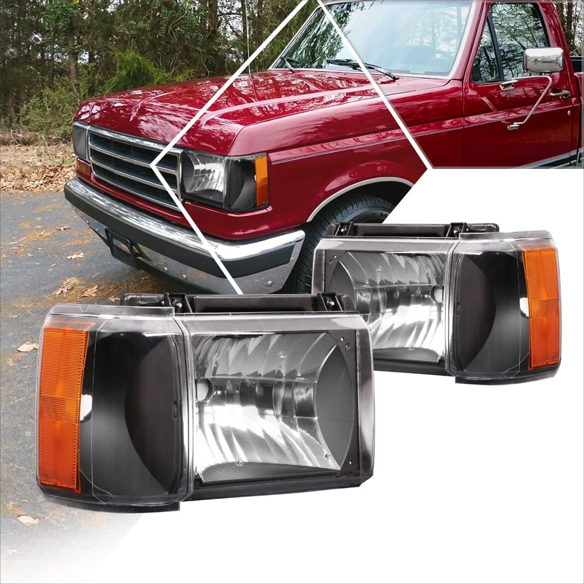 PM PERFORMOTOR Black Housing/Amber Corner Factory Style Headlights Compatible with 87-91 Bronco / 87-91 F150 250 350, PMHL-F150-8791-OH-BA