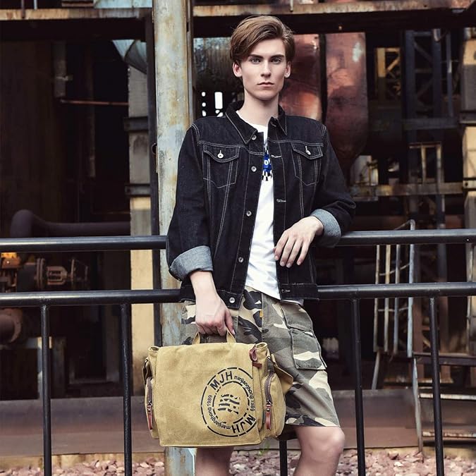 Borsa Messenger In Tela Vintage Unisex - Ideale Per Tablet 7.9", Lavoro E Scuola - Nero/Kaki - Foto 7