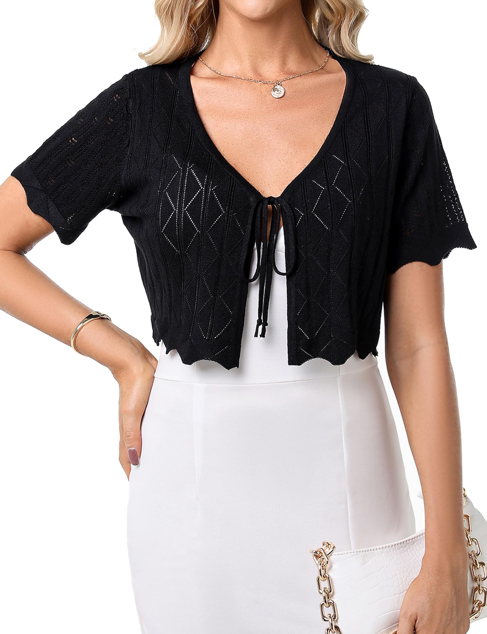 Gyabnw Damen Bolero Elegante Boleros Strickjacke Kurzarm Cardigan Aushol Festlicher Bolerojacke Schnüren Sommer