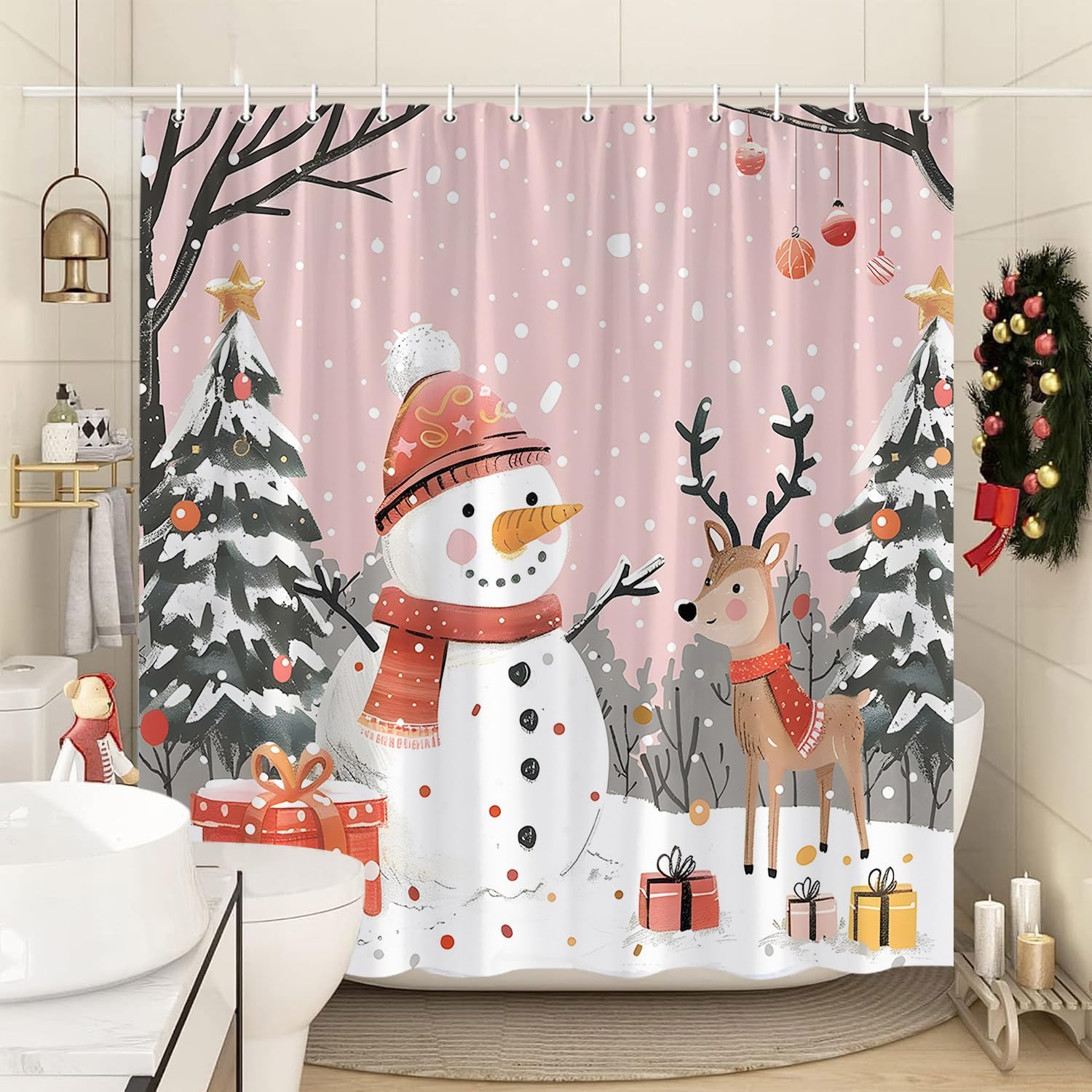 Winter Snowman Shower Curtain Christmas Tree Cute Elk Deer Snowflake Winter Forest Pine Rustic Funny Xmas New Year Polyester Fabric Bathroom Decor Set with Hooks 70X96 Inch