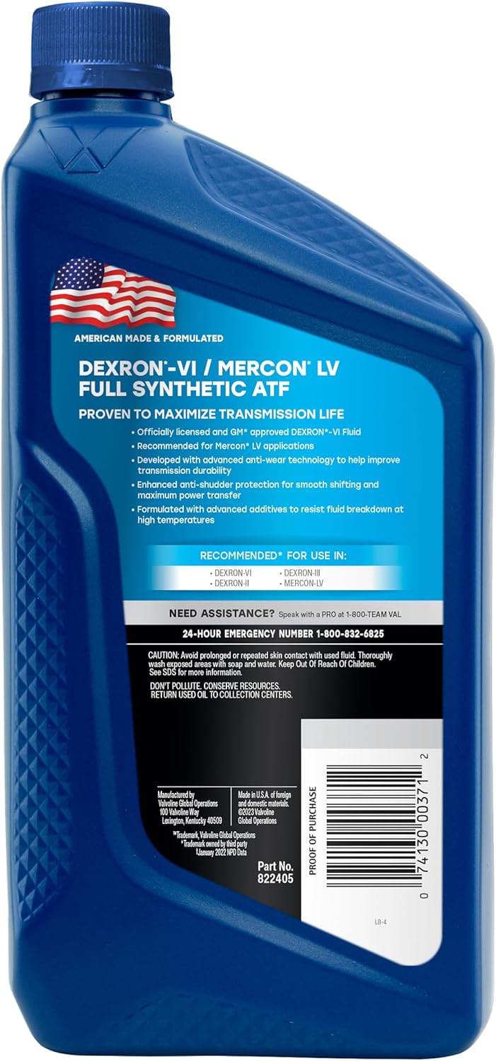 Valvoline DEXRON VI/MERCON LV (ATF) Full Synthetic Automatic Transmission Fluid 1 QT, Case of 6