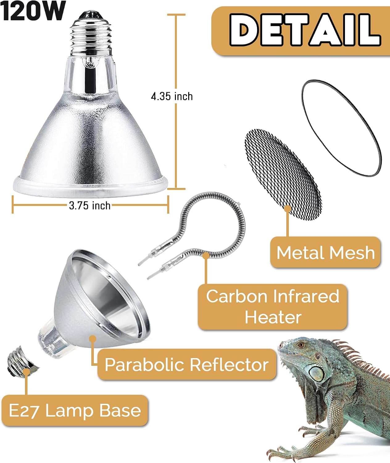 120W Deep Heat Infrared Projector Lamp for Reptiles, Emits both Infrared A & B Wavelengths, Reptiles Basking Light Heat Lamp Bulbs with Reflector for Bearded Dragons, Turtles, Snakes, Lizards, etc.