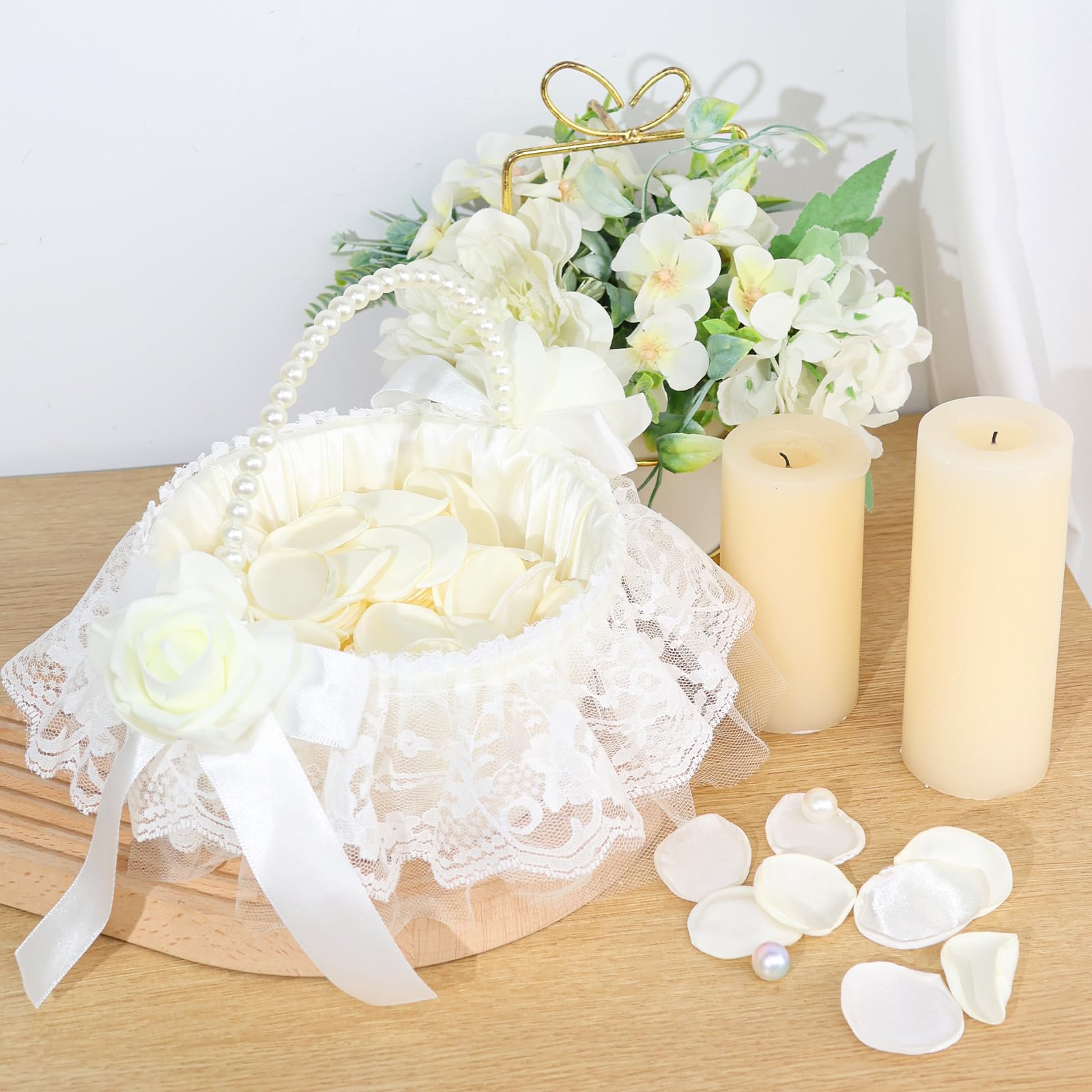 Hochzeitskorb für Blumenmädchen, 2er-Set, Spitzen-Perlen-Hochzeitskorb – mit 400 künstlichen Seidenblüten für romantische Nacht, Brautparty, Dekoration (Blume)