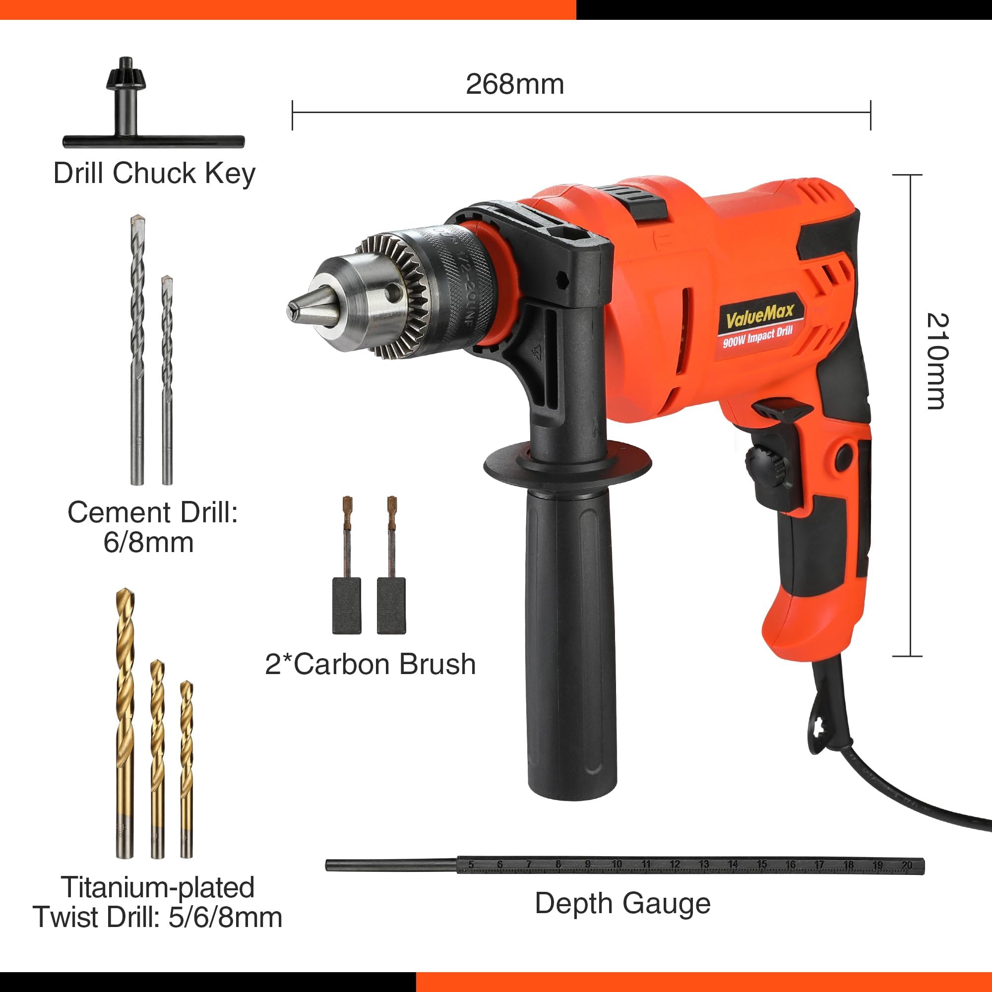 ValueMax Trapano a Percussione 900W, Martello Trapano 3000 RPM e 45000 BPM, Trapano e Martello 2 in 1, Selezione e Blocco della Velocità, 3 Punte Elicoidali e 2 Punte per Calcestruzzo