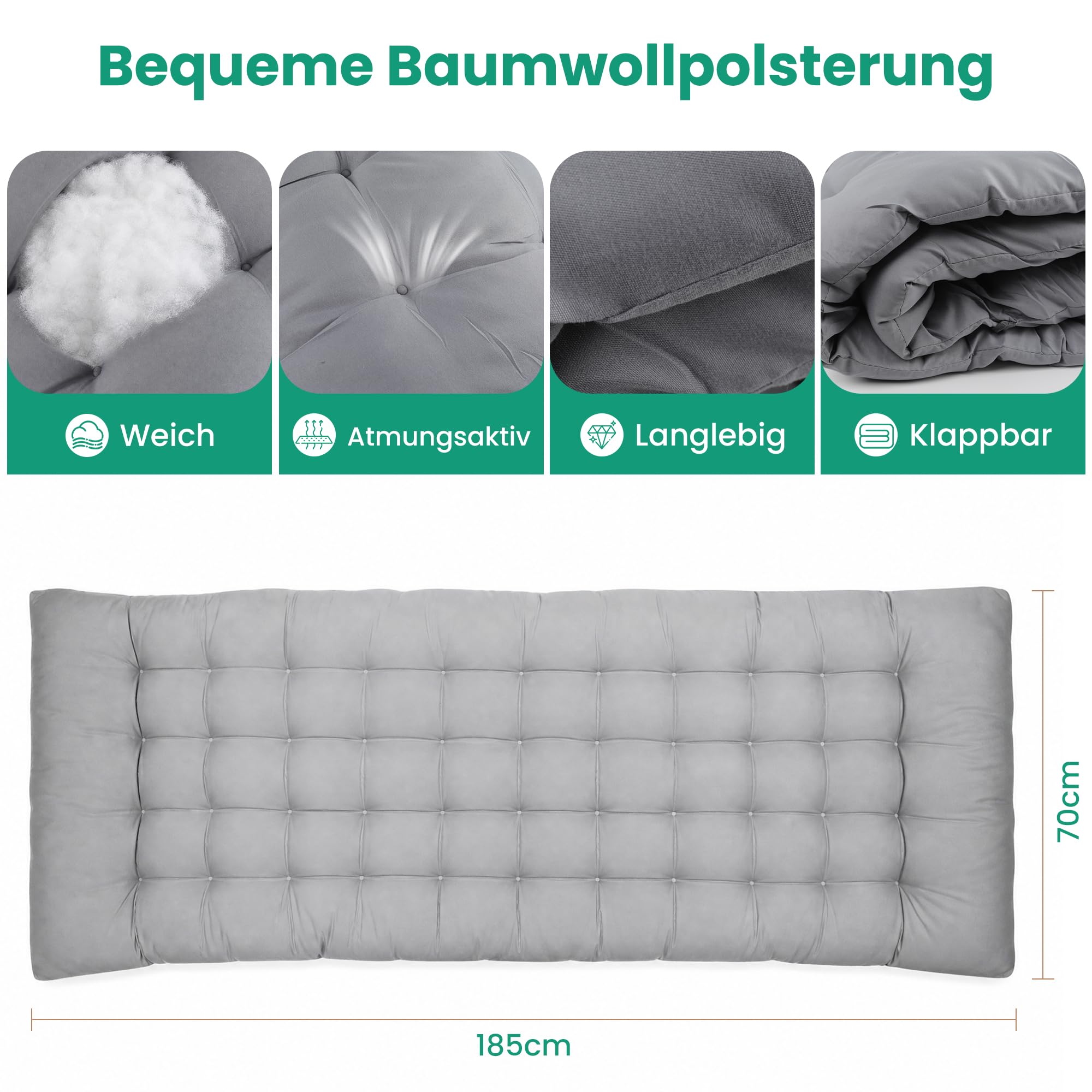 Campingbett Feldbett klappbar 190×68×30 cm, Tragfähigkeit 200 KG, Faltbar Gästebett Klappbett mit Matratze und Kopfstütze für Balkon, Garten, Strand, Büro (Grau)