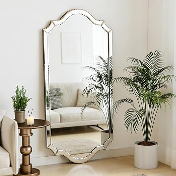 Double Arch 59"x30" Frameless Beveled Decorative Wall Mirror, Elegant Large Living Room Mirror with Solid Wood Backboard, Horizontal Vertical Hanging for Entryway Bathroom Dining Room, Unique