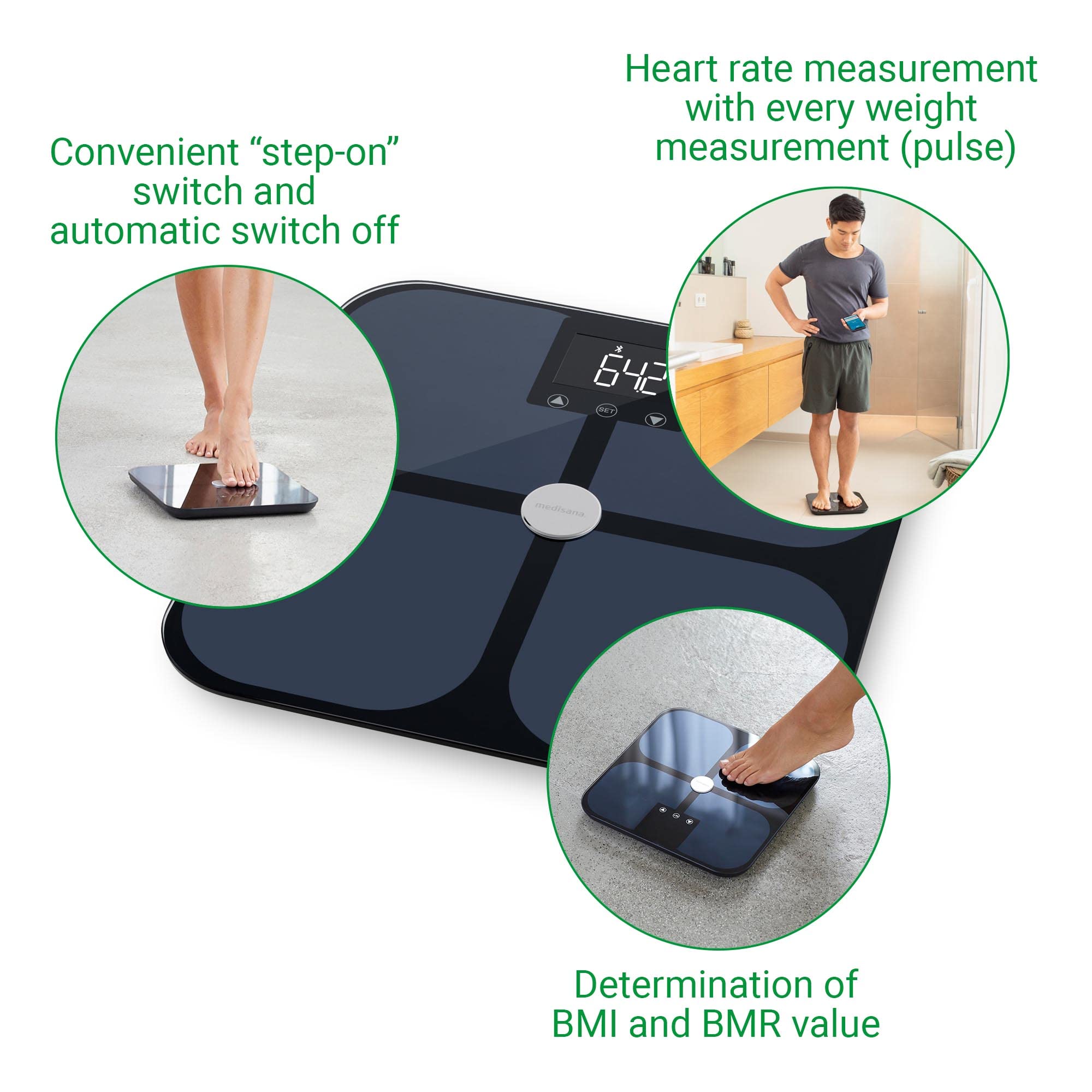 medisana BS 650 báscula de análisis corporal con W-LAN o Bluetooth, báscula personal para medir grasa y agua corporal, masa muscular y peso óseo con app de análisis corporal VitaDock+