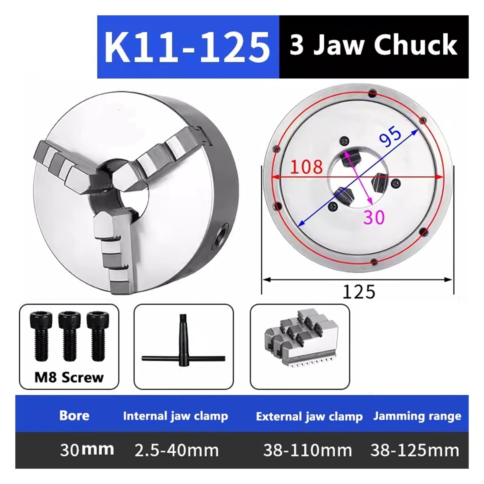 Uchwyt tokarski 125 mm 3-szczękowy samocentrujący uchwyt K11-125 metalowy uchwyt tokarski, ręczny uchwyt do przewijania