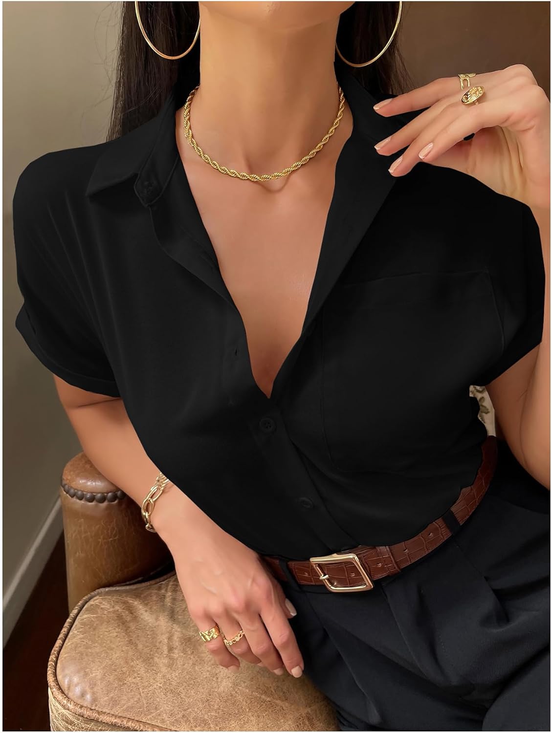 SweatyRocks Women's Dolman Sleeve Button Down Shirts Dressy Casual Business Blouses with Pocket - Image 4