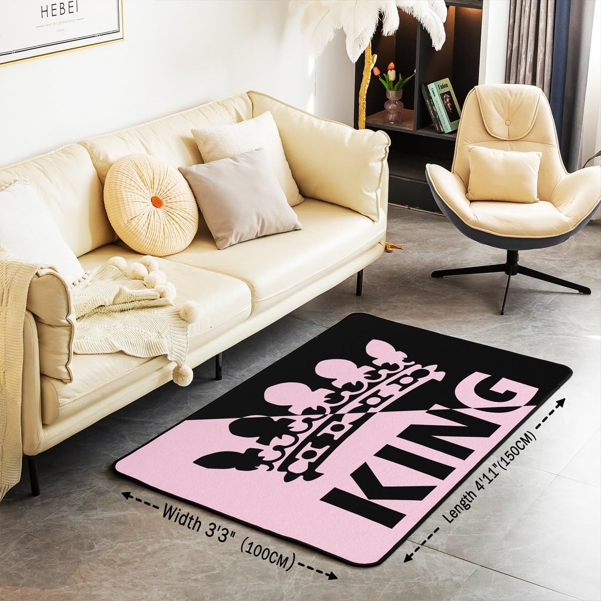 jejeloiu Kids King Print Living Room Rugs for Bedroom Crown Pattern Area Rug 3x5 for Boys Girls Bedroom Decor Pink and Black Decor Carpet Modern