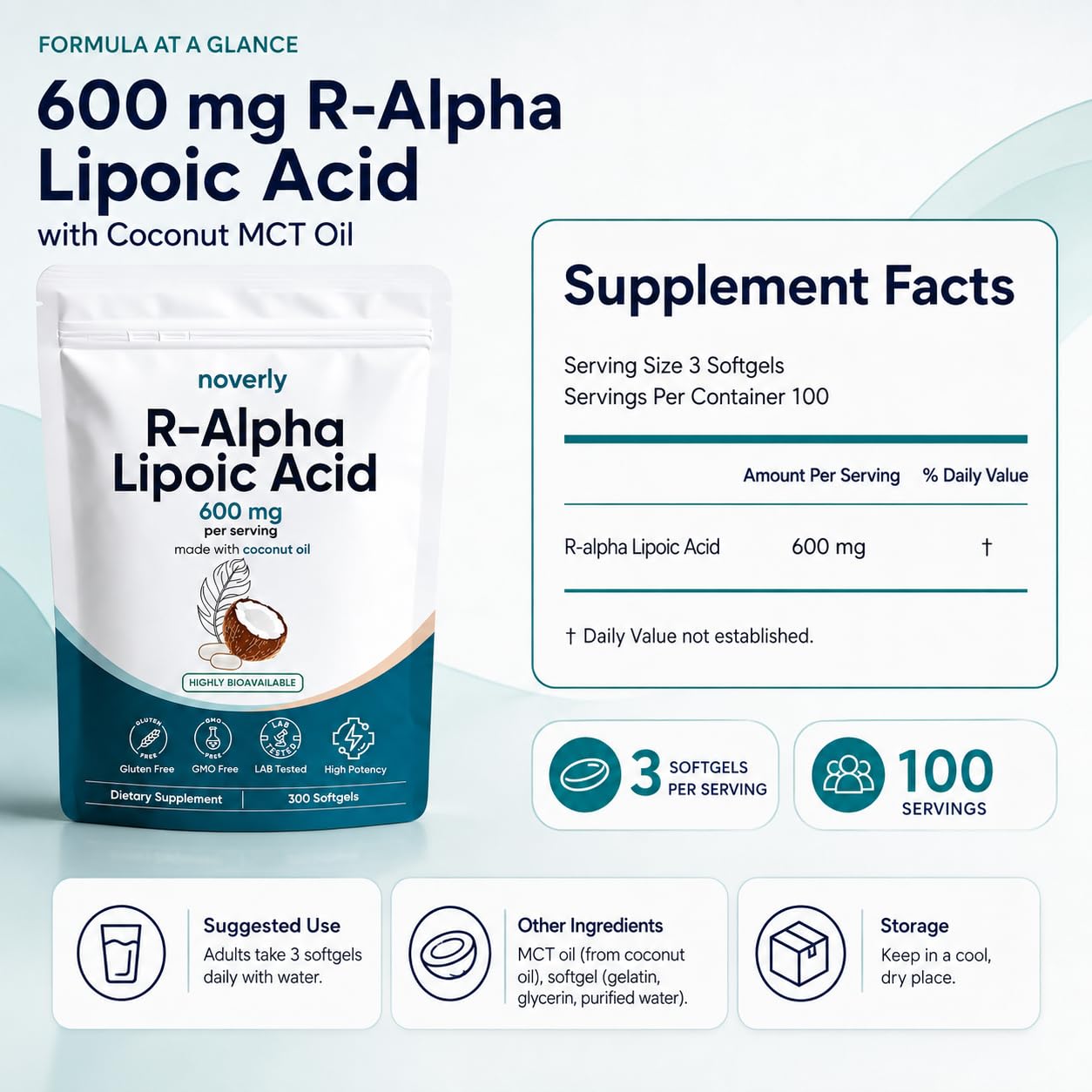 R-Alpha Lipoic Acid 600mg for Neuropathy, 300 Softgels, 100-Day Supply with Coconut MCT Oil, Ácido R-alfa lipoico Supplement for Nerve Health & Antioxidant Support, GMO-Free, Gluten-Free — Amazon image 8