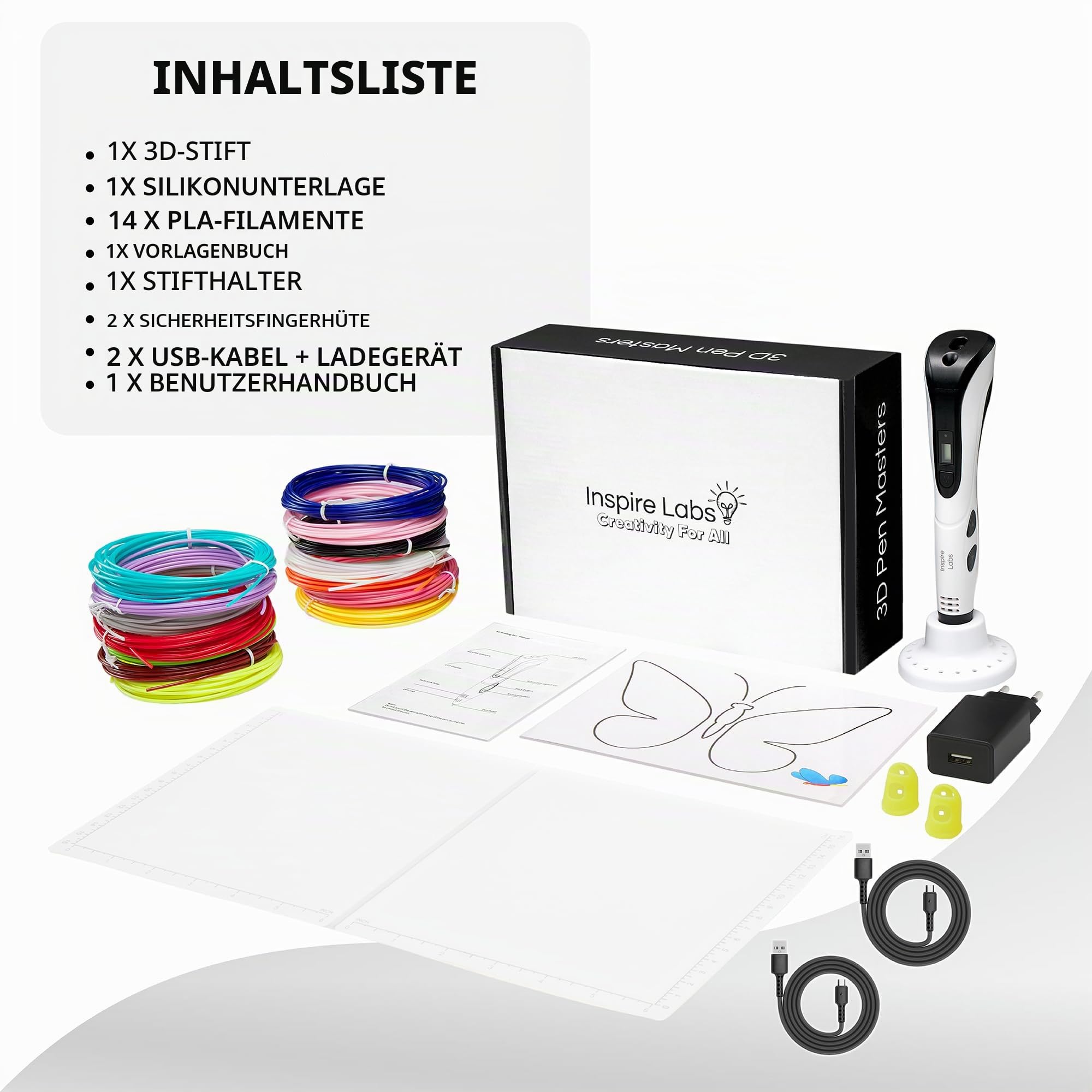 3D-Stift Inspire Labs, Kreativität und Spaß für Kinder und Erwachsene mit sicherem Abschalten, Silikonbasis, automatischer/manueller Modus, 70 M PLA-Filament (14 Farben) + Anleitung auf Deutsch