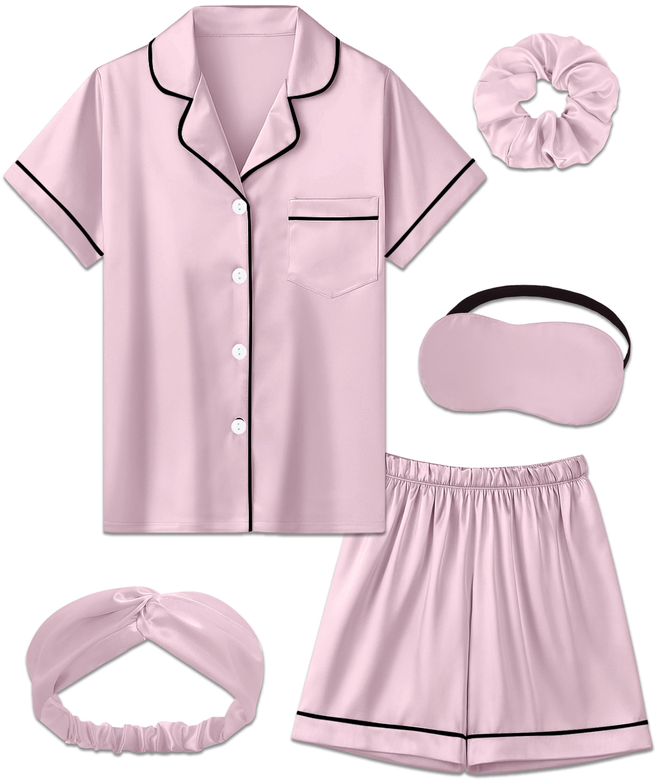 MORFORU Satin Kid Short Pajamas Set 5 Piece Child Silk Pjs Button Sleepwear with Eye Mask, Hairband, Hair Ring