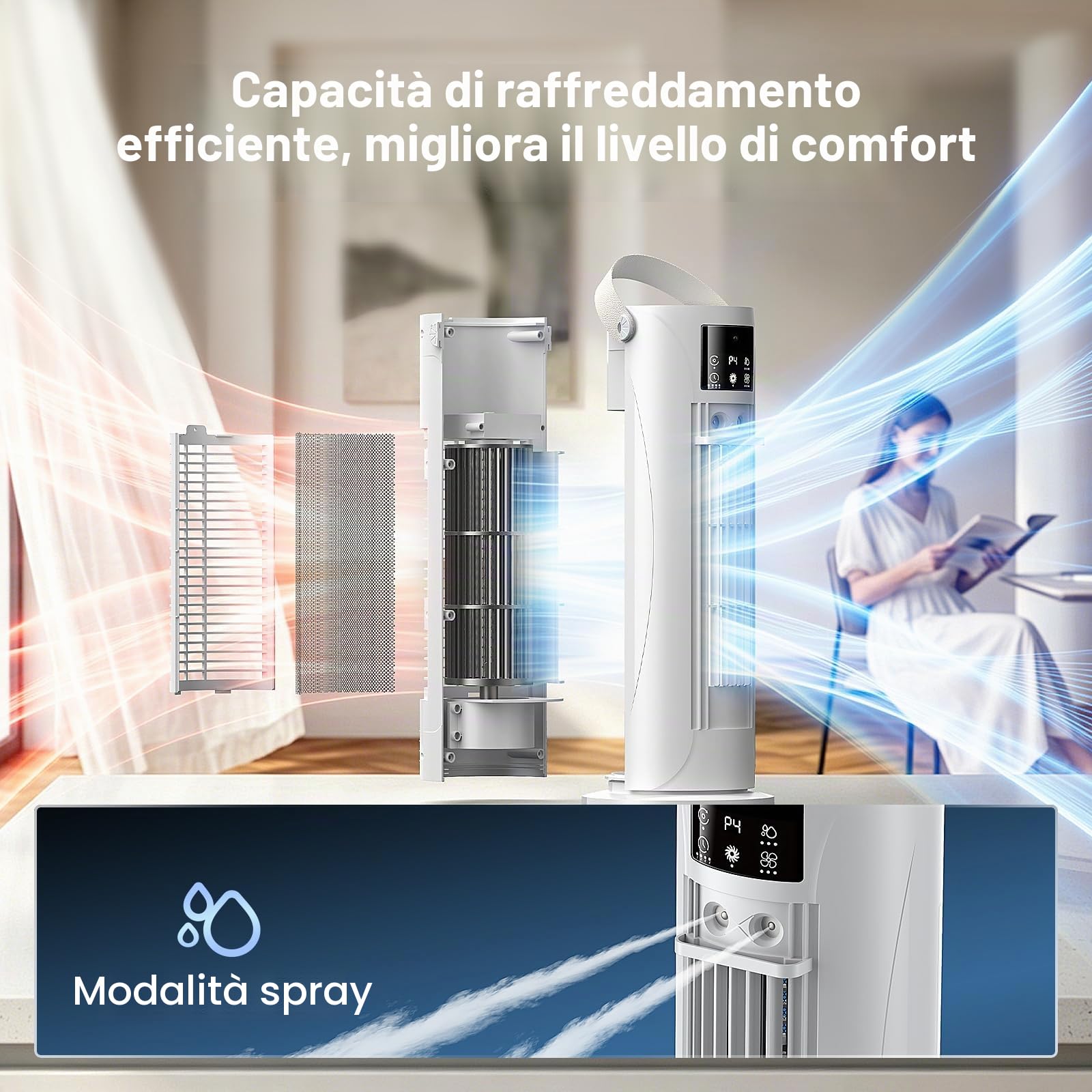 Condizionatore Portatile Modalità Tempesta,Raffrescatore Aria 4 in 1 Silenzioso 28dB, Ventilatore Senza Pale,Oscillazione 120°, Doppia Nebbiatura Anti-perdita 750mL, Timer 8H per Casa Ufficio (Bianco)