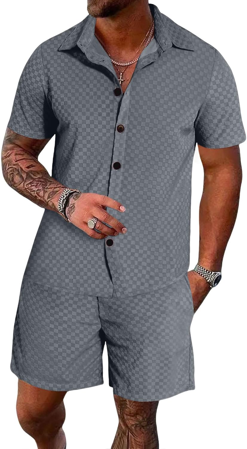 UOUA メンズ ベロアトラックスーツ 2ピースアウトフィット 半袖 ボタンダウンシャツとショートセット カジュアルスウェットスーツ