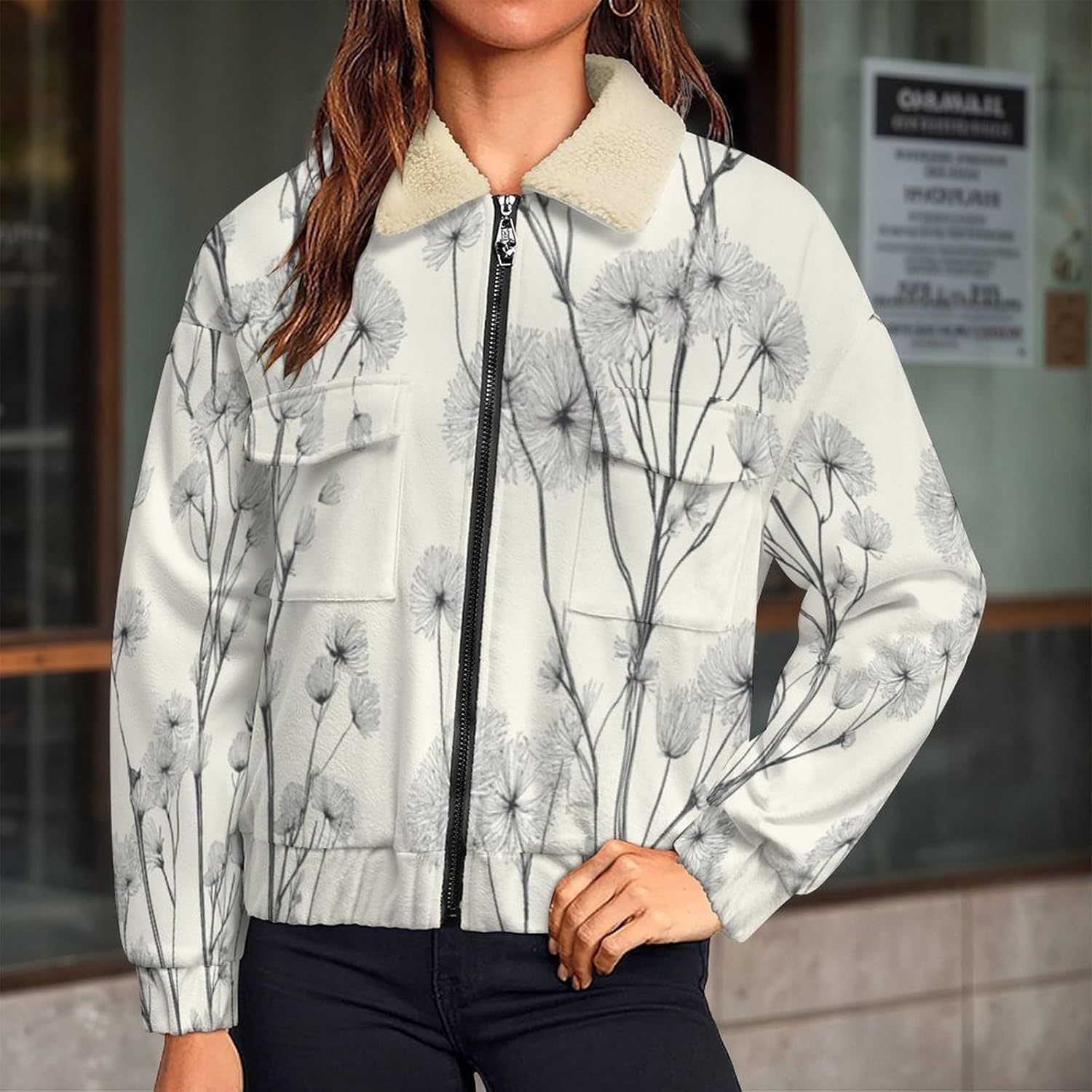 Women's Full Zip Soft Polar Fleece Jacket, Dandelion vine Printed Outdoor Coat, Long Sleeve Comfortable Outerwear