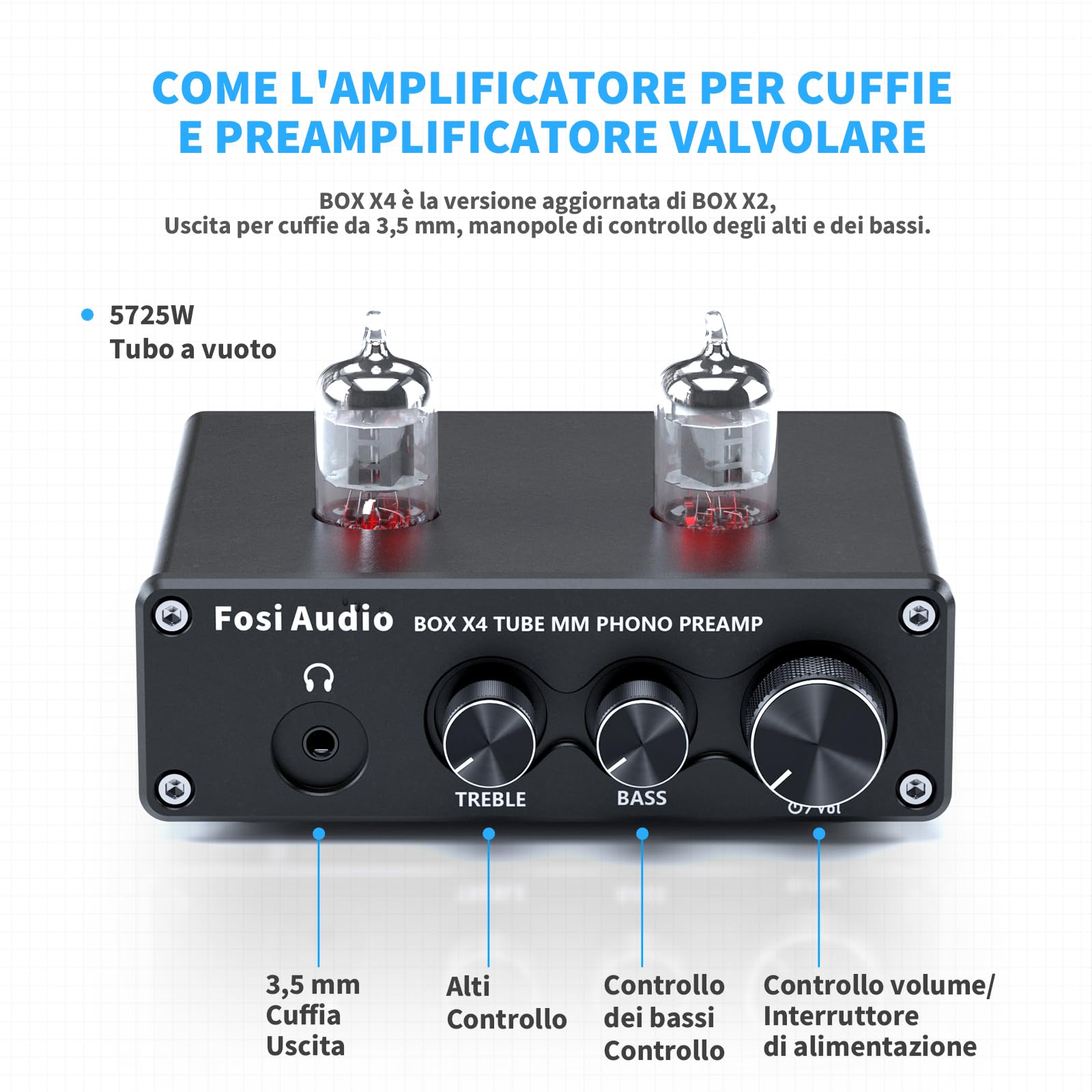 Fosi Audio X4 Preamplificatore Phono a valvole HiFi per cuffie e giradischi MM, BOX X4 Guadagno Stereo