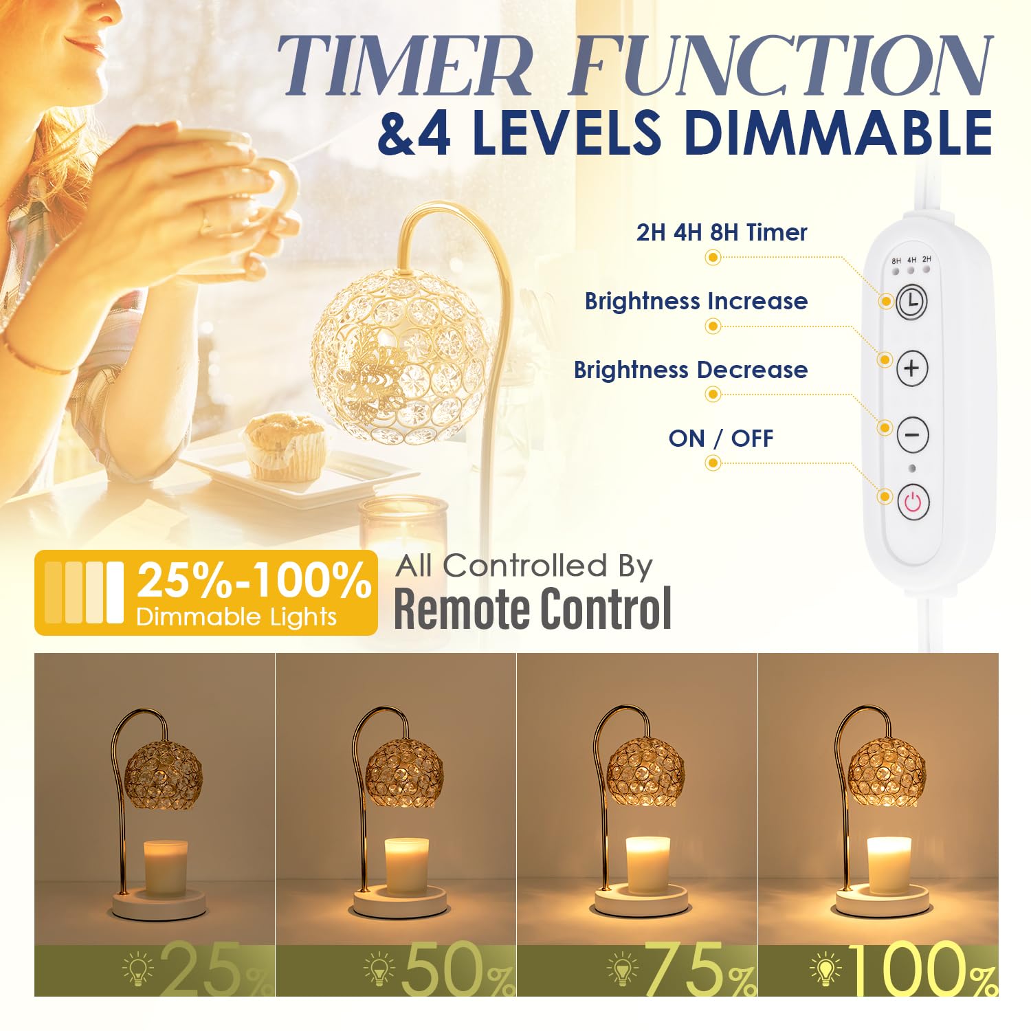 Soilsiu Candle Warmer Lamp with Timer, Electric Candle Warmer Light for Bedroom, Dimmable Wax Melts Warmer for Candle Jars, Home Decor Beside Lamp Gifts for Women (2 x GU10 Bulbs Included), White