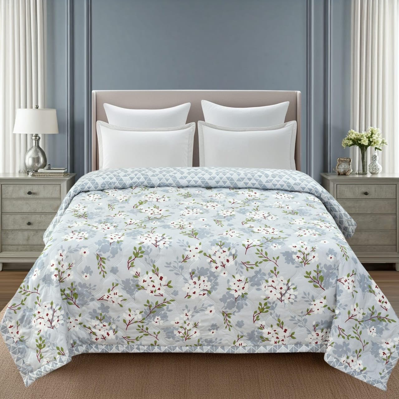 Ultrasonic Printed Reversible Comforter with Bag Packing, Double (Size 90x100inchs) /Single (Size 60x90 inchs) (White Floral, Double)-image-28