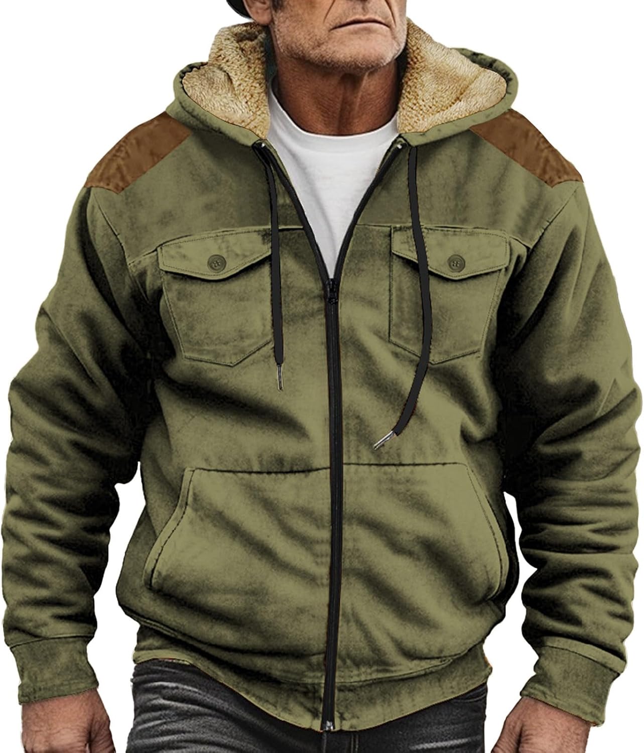 Men Fleece Jacket Vintage Sherpa Lined Cargo Hooded Jackets Winter Warm Long Sleeve Full Zip Hoodies with Pockets