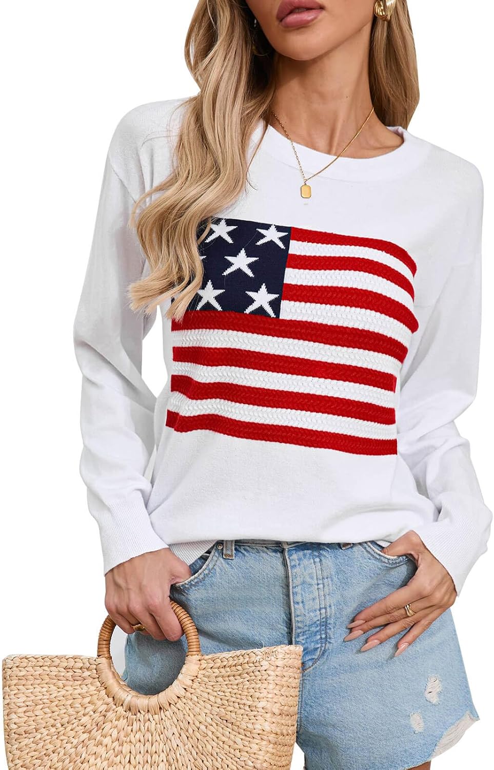 Womens American Flag Sweater, Long Sleeve Crewneck Colorblock Striped Pullover with Drop Shoulder - Casual Knitted Sweaters