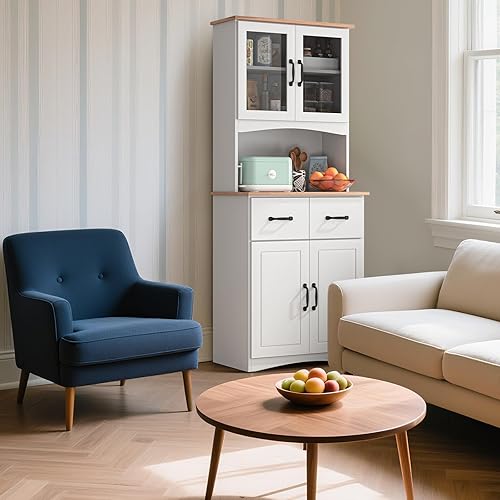 Miniatura 6 de Armario de despensa de cocina de 67 pulgadas con puertas y cajones de cristal, estantes ajustables, anti-punta, soporte de microondas que ahorra