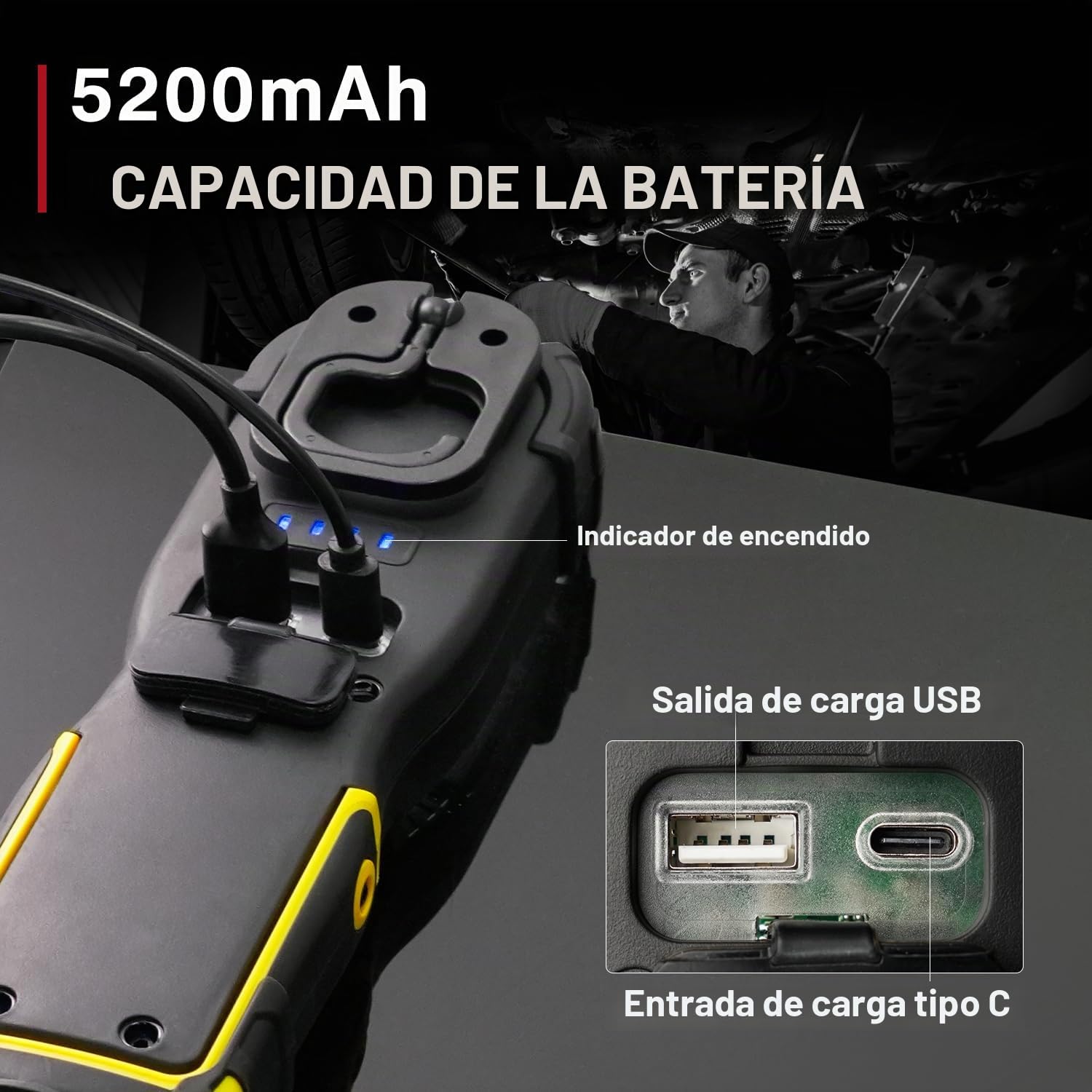 Linterna de Trabajo LED Recargable, 5200mAh Luz de Trabajo Lámpara de Taller con Base Magnética Giratoria de 180°, 1000LM 3 Modos Linterna Mecanico para Garaje, Camping, Emergencia