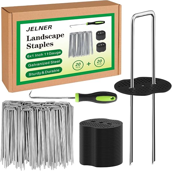 JELNER Garden Stakes,6 Inch 11 Gauge 50pcs Galvanized Landscape Stakes + 50pcs Gaskets + 1Pick Hook,U-Shaped Tent Stakes