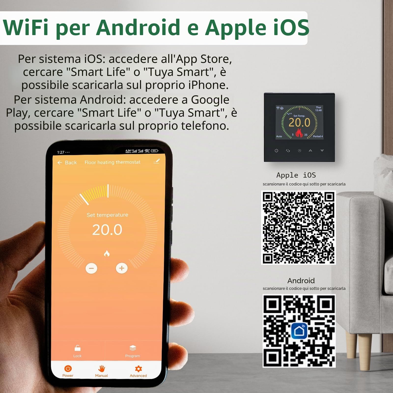 Wengart Termostato Smart WiFi per Riscaldamento a Pavimento ad Acqua, Display TFT a Colori da 2.4", 3A 230V, 6 Lingue (Italiano Incl.), Compatibile con Alexa e Google Home, App Tuya, Nero, WG380