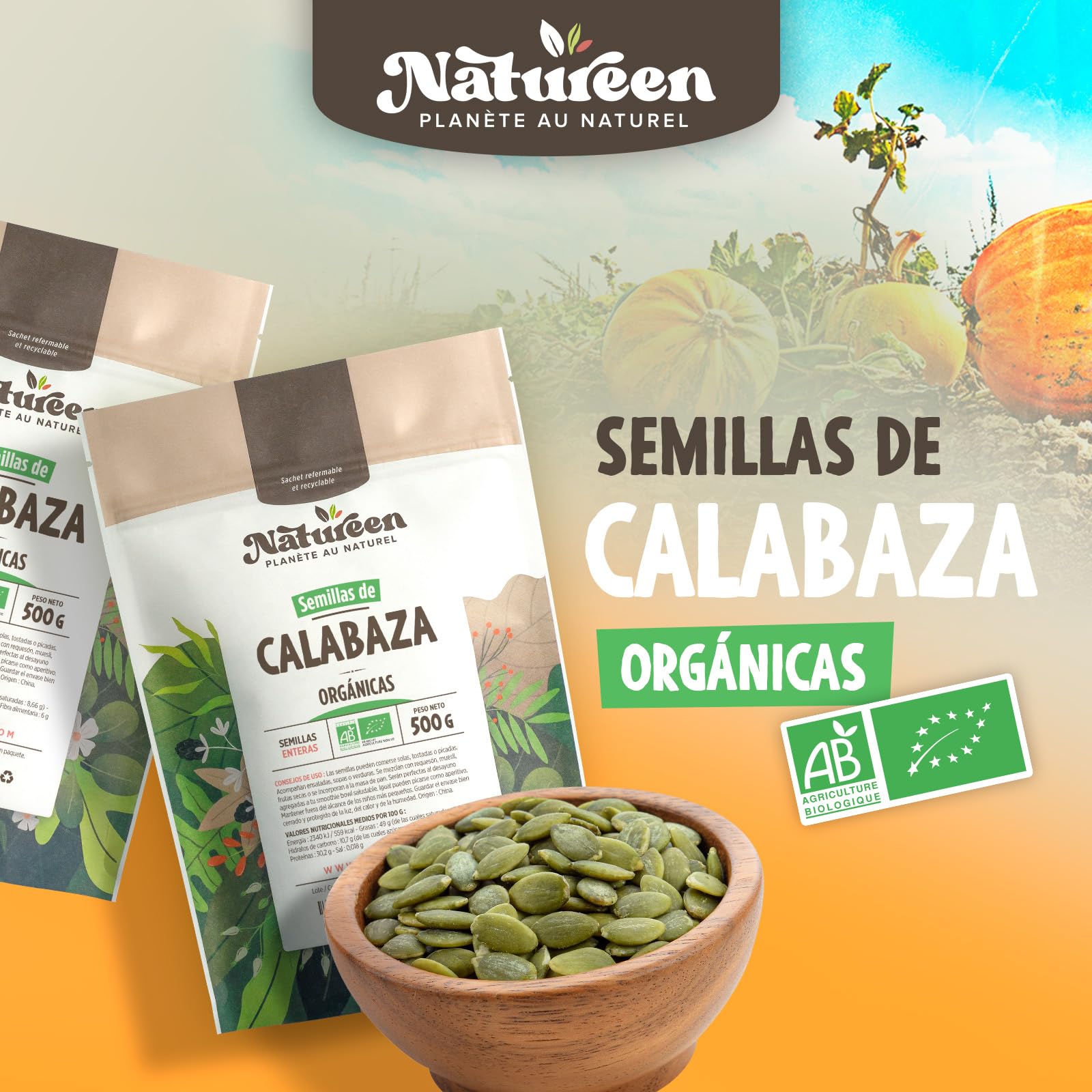 Semillas de Calabaza Orgánicas - 500g - Curcubita pepo - Semillas Enteras, Decorticadas, Sin sal