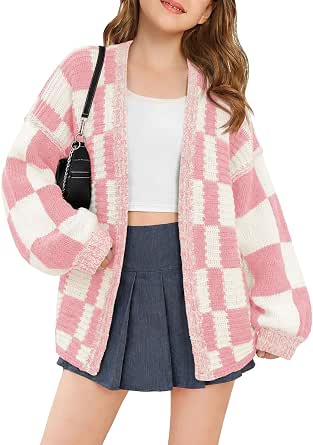 Haloumoning Girls' Checkered Open-Front Knit Cardigan Sweater