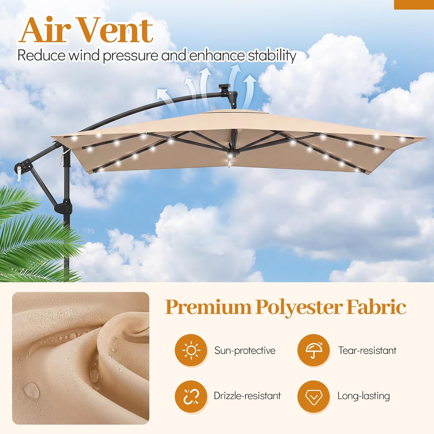 Tangkula 8x8 FT Solar Patio Umbrella with Base Included, Square Offset Cantilever Outdoor Umbrella with 360 Degree Rotation, 32 LED Lights, Crank Handle, 2 Sandbags, 8 Ribs, Air Vent for Pool Deck Garden Backyard