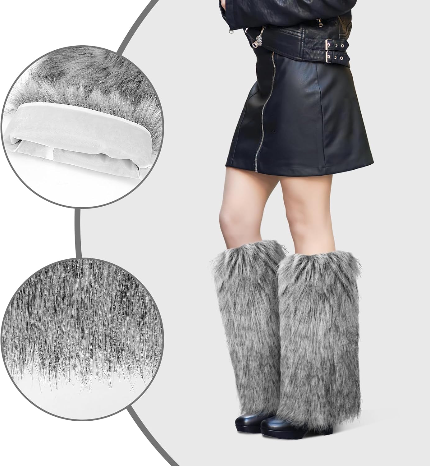XEPST Faux Fur Fuzzy Leg Warmers Furry Boot Covers for Women, Women's Fur Leg Warmers Warm Fuzzy Boot Cuff Boot Sleeves for Party Costumes, Tie Dye Style, Grey + White - Image 3