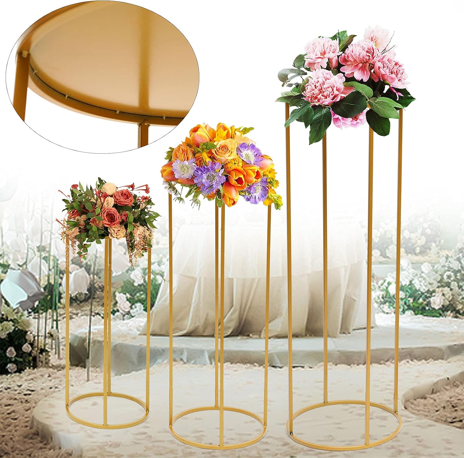 Gdrasuya10 3Pcs Metal Wedding Flower Stand, Plating Floral Decor Vase Floor Round Column Stand Road Lead for Home Party Wedding Decorations