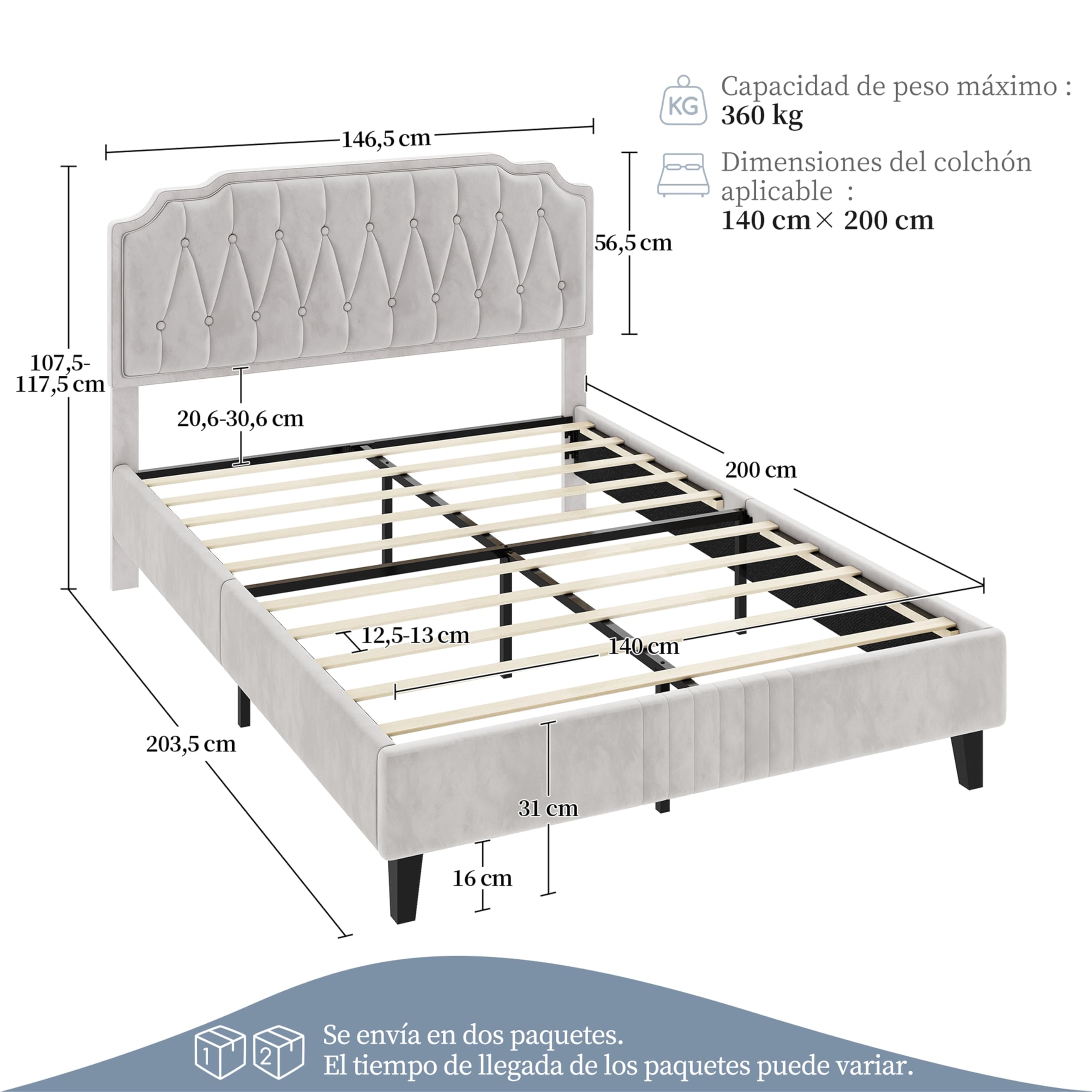 Yaheetech Cama Tapizado en Terciopelo Cama de Matrimonio con Cabecero Ajustable en Altura Marco de Cama Soporte con Listones de Madera 140 × 200 cm Beige