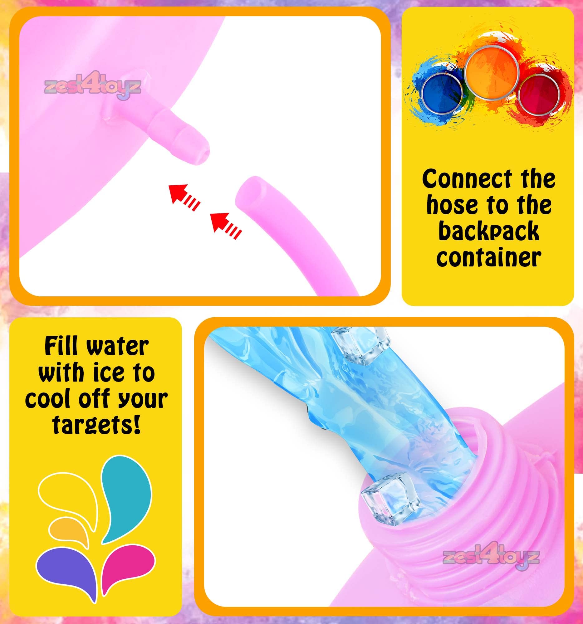 Zest 4 Toyz Holi Pichkari Water Gun for Kids Backpack Tank Spray Holi Combo with 1 Pkt Holi Color and 100 Balloons for Holi Pool Parties for Boys and Girls (Heart Tank) 2