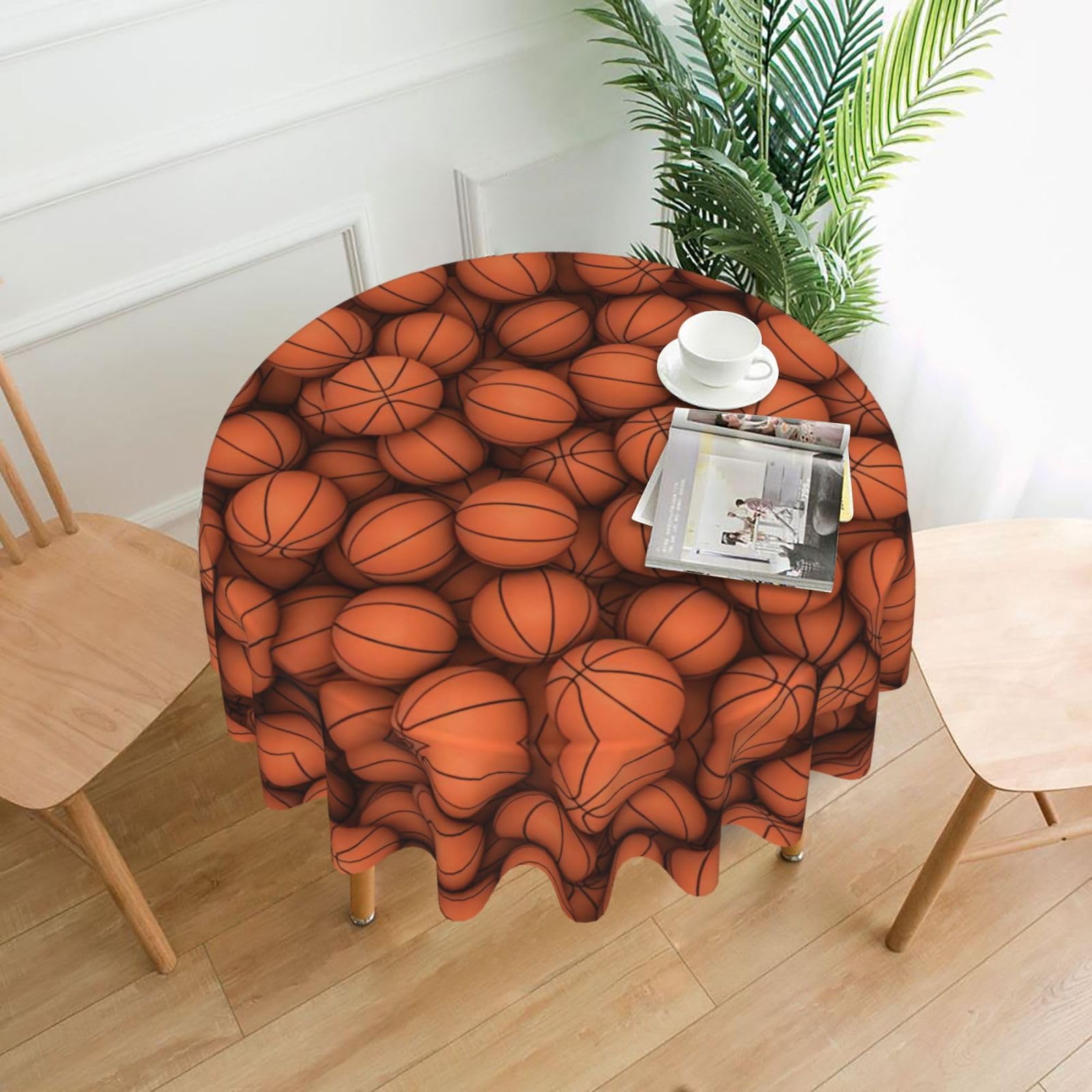 YYHWHJDE Basketball Orange Prints 60in Round Decorative Tablecloth – High-Grade Polyester Throw for Stylish Dining & Event Table Protection