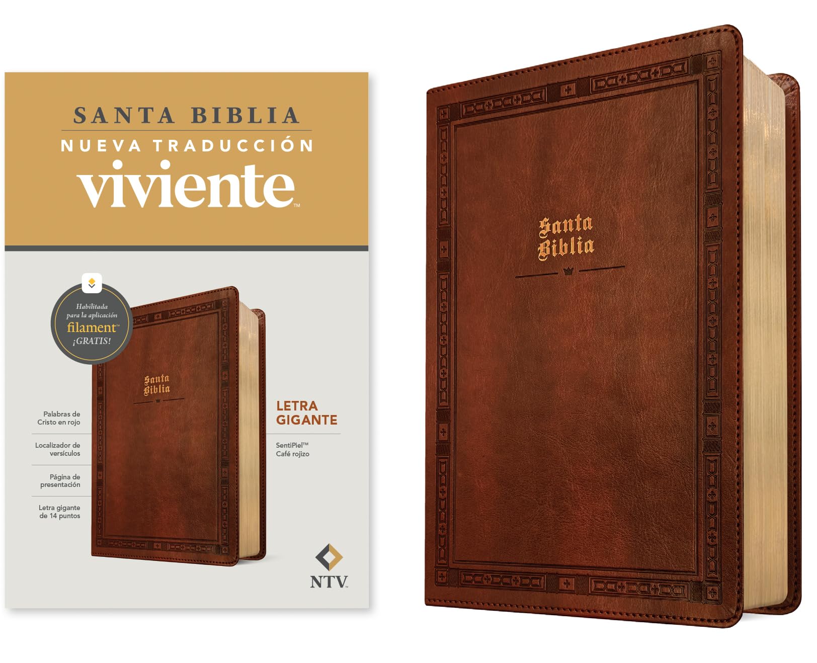 Biblia letra gigante NTV con Filament (SentiPiel, Caf rojizo, Letra Roja)