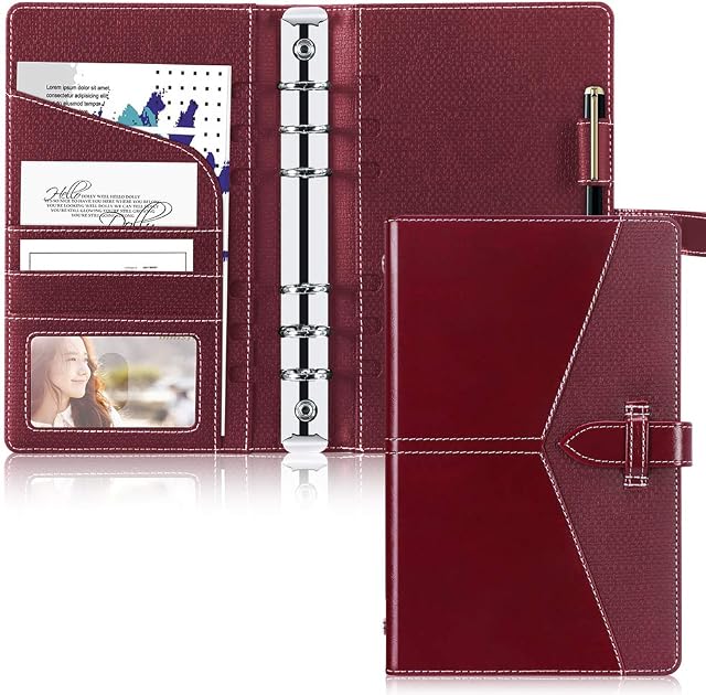 Toplive Leather A6 Binder, A6 Notebooks 6 Round Ring Binder Planner Cover for A6 Filler Paper(Inner Paper Not Included), Wine Red