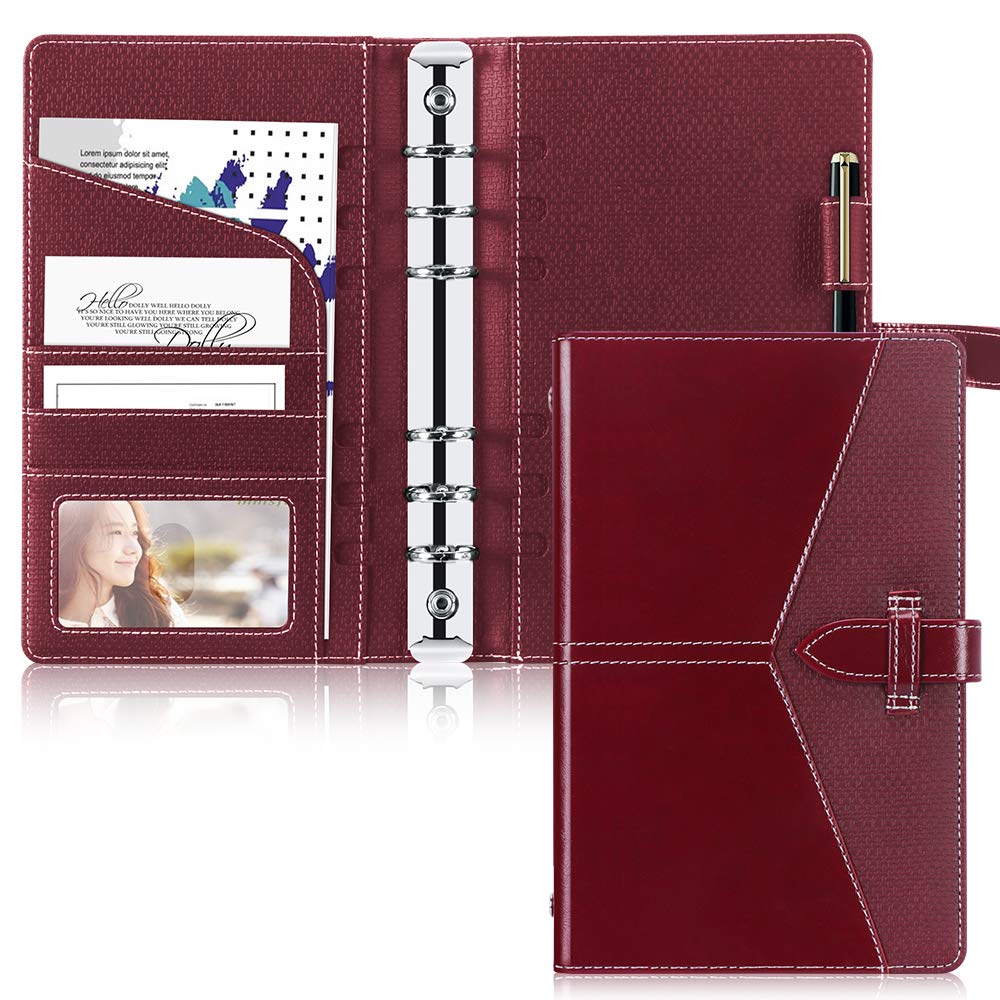 Toplive Leather A6 Binder, A6 Notebooks 6 Round Ring Binder Planner Cover for A6 Filler Paper(Inner Paper Not Included), Wine Red