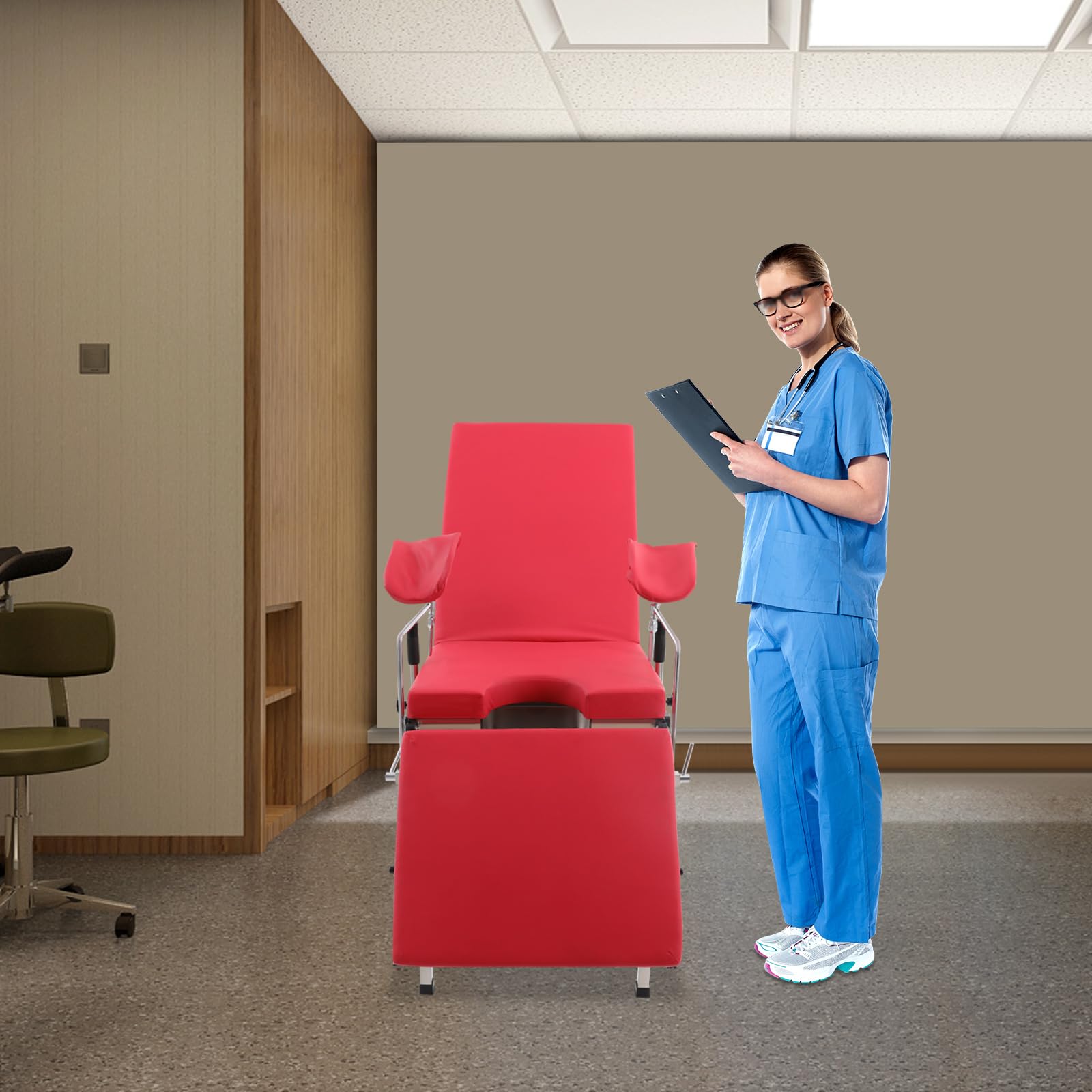 Sedia ginecologica, sedia da esame GYN, schienale e gamba, design regolabile, max 200 kg, per cliniche, ospedali (rosso)